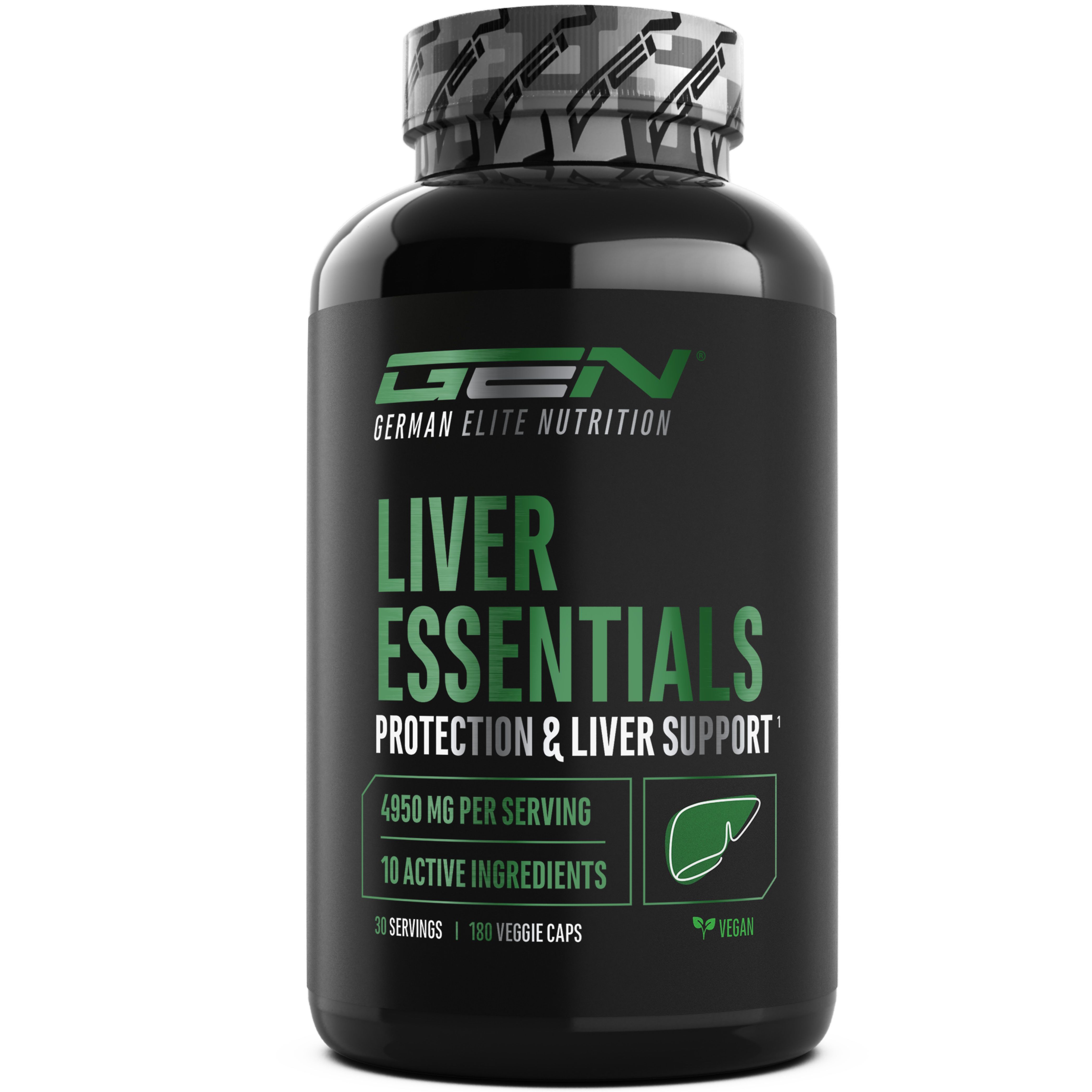 Schwarze Flasche mit grünen und weißen Aufschriften. Enthält Kapseln. Aufschrift: LIVER ESSENTIALS, 4950 mg pro Portion, 10 aktive Inhaltsstoffe, vegan.