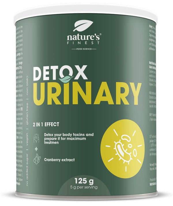 Dose Nature's Finest Detox Urinary. Grün, weiß und gelb. Text: Detox Urinary, 2 in 1 Effekt, Cranberry-Extrakt, 125 g.