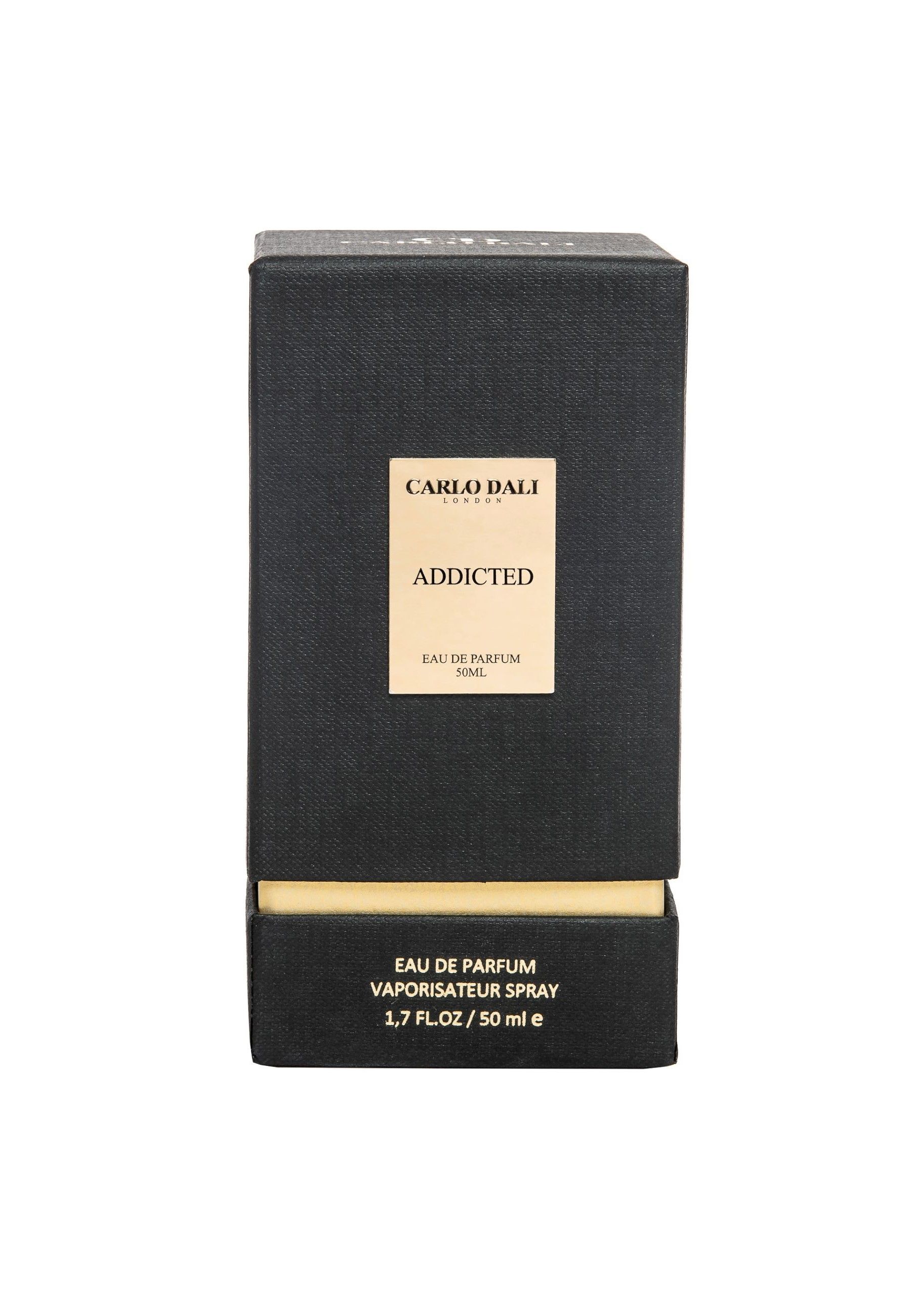 Schwarzer Karton mit CARLO DALI ADDICTED Parfüm. Goldfarbener Aufdruck. Text: Eau de Parfum, Vaporisateur Spray, 1,7 FL.OZ / 50 ml e.
