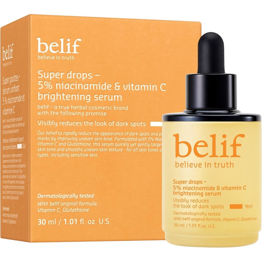Belif Serumflasche und Verpackung mit Produktinformationen.