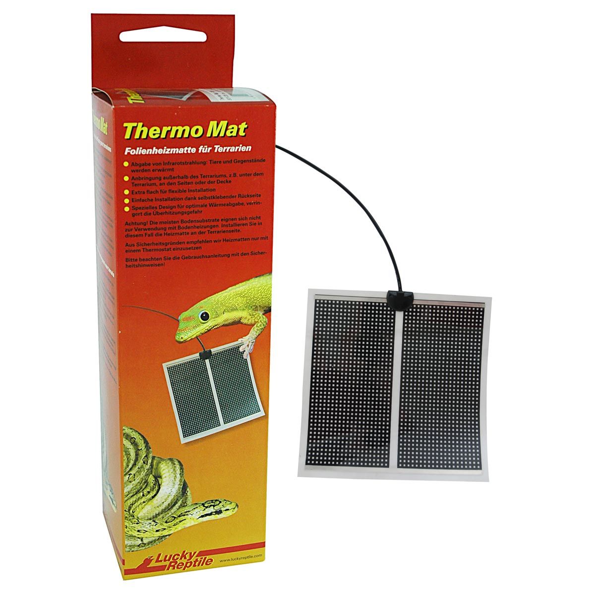 Thermo Mat Folienheizmatte für Terrarien. Schwarze Heizmatte mit Kabel, an Verpackung. Lucky Reptile Logo.