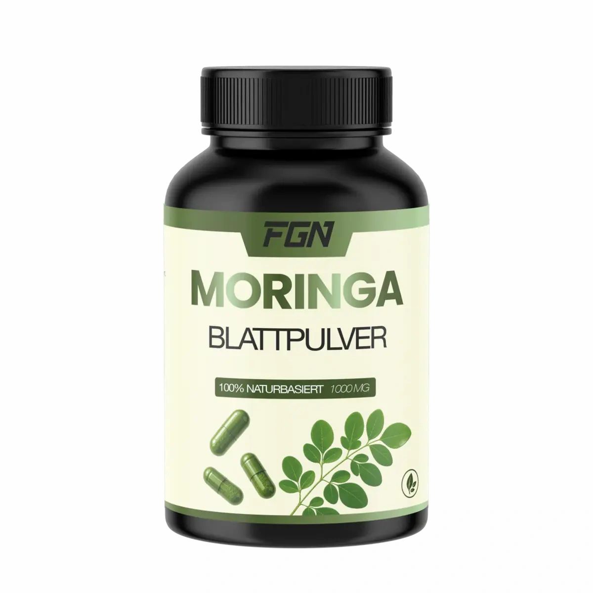 Flasche mit FGN Moringa Blattpulver Kapseln, 1000mg, 100% naturbasiert.