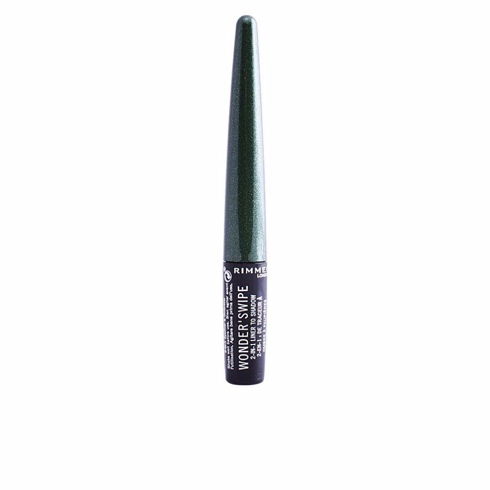 Eyeliner mit grünem Schimmer. Schwarze Schrift: Rimmel London, Wonder Swipe 2-in-1 Liner to Shadow.