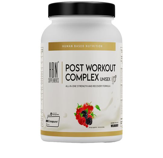 Weißes HBN Supplements Post Workout Complex Unisex-Behälter mit schwarzem Deckel. Goldfarbene Etiketten, Beeren-Illustration.