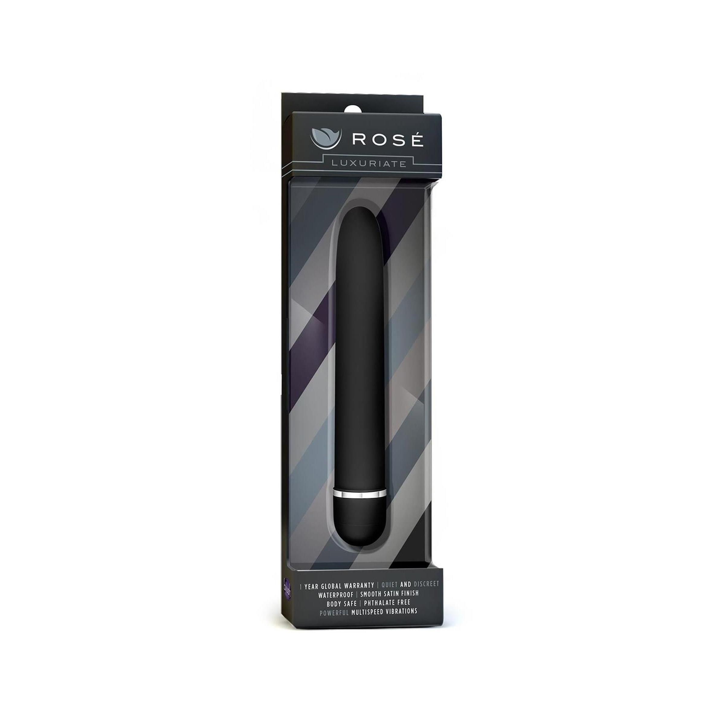 Verpackung mit schwarzem Vibrator. Klare Vorderseite, Produkt sichtbar. Markenname und Produktname auf der Verpackung.