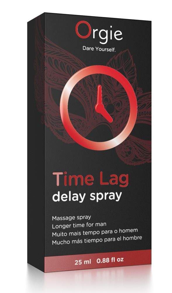 Schwarze Verpackung mit rotem Logo und Text. Produktname: Time Lag delay spray. Marke: Orgie. 25 ml.
