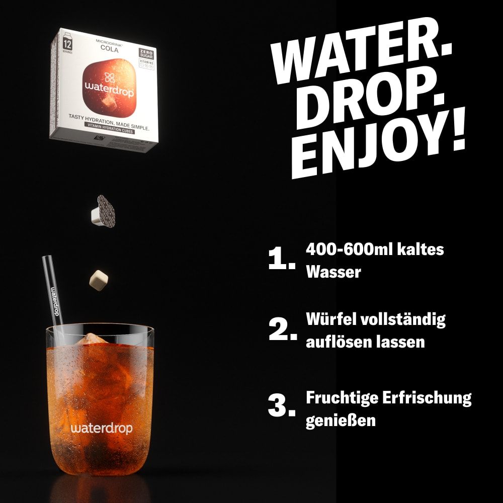 Glas Cola mit Eiswürfeln. Daneben eine Packung waterdrop® Cola. Anleitung: 400-600ml kaltes Wasser, Würfel auflösen, genießen.