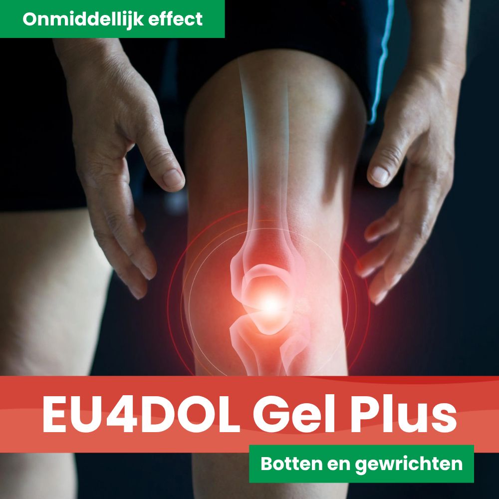 Knie met botstructuur. Tekst: EU4DOL Gel Plus. Rode achtergrond.