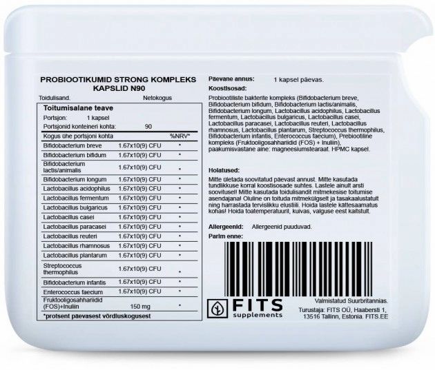 Weißer Behälter mit Etikett. Enthält Informationen zu "PROBIOTIKUMID STRONG KOMPLEKS". Enthält 90 Kapseln. Auflistung der Inhaltsstoffe.