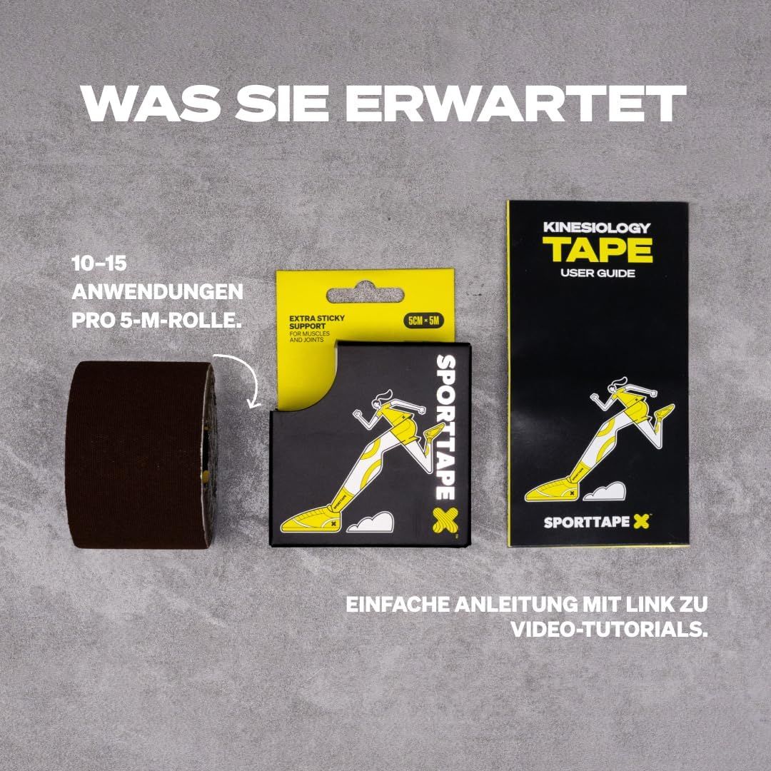 Inhalt einer Packung Kinesiologie-Tape: Rolle, Box, Anleitung. Text: "Was Sie erwartet".