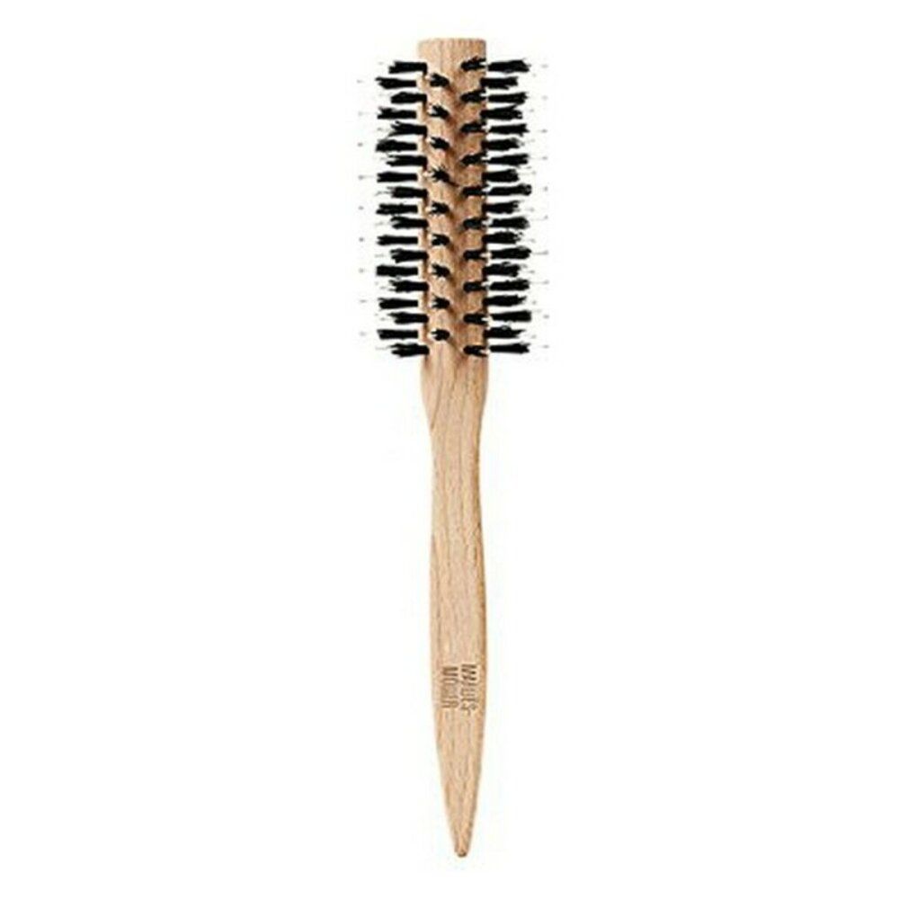 Runde Haarbürste mit Holzgriff und schwarzen Borsten. Der Griff trägt den Markennamen Marlies Möller.