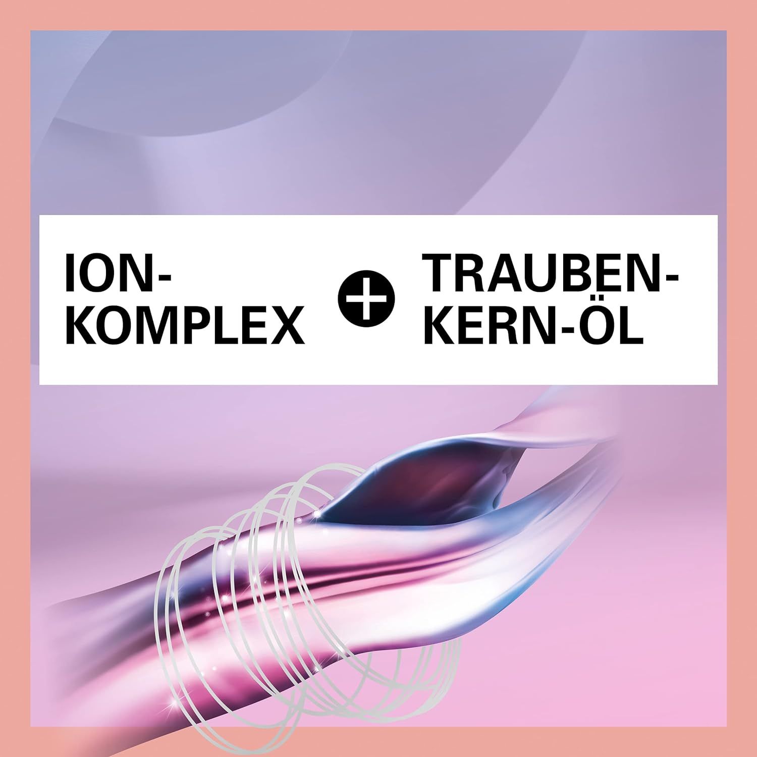 Testo su sfondo rosa: Complesso ionico + olio di semi d'uva. Illustrazione di linee ondulate.