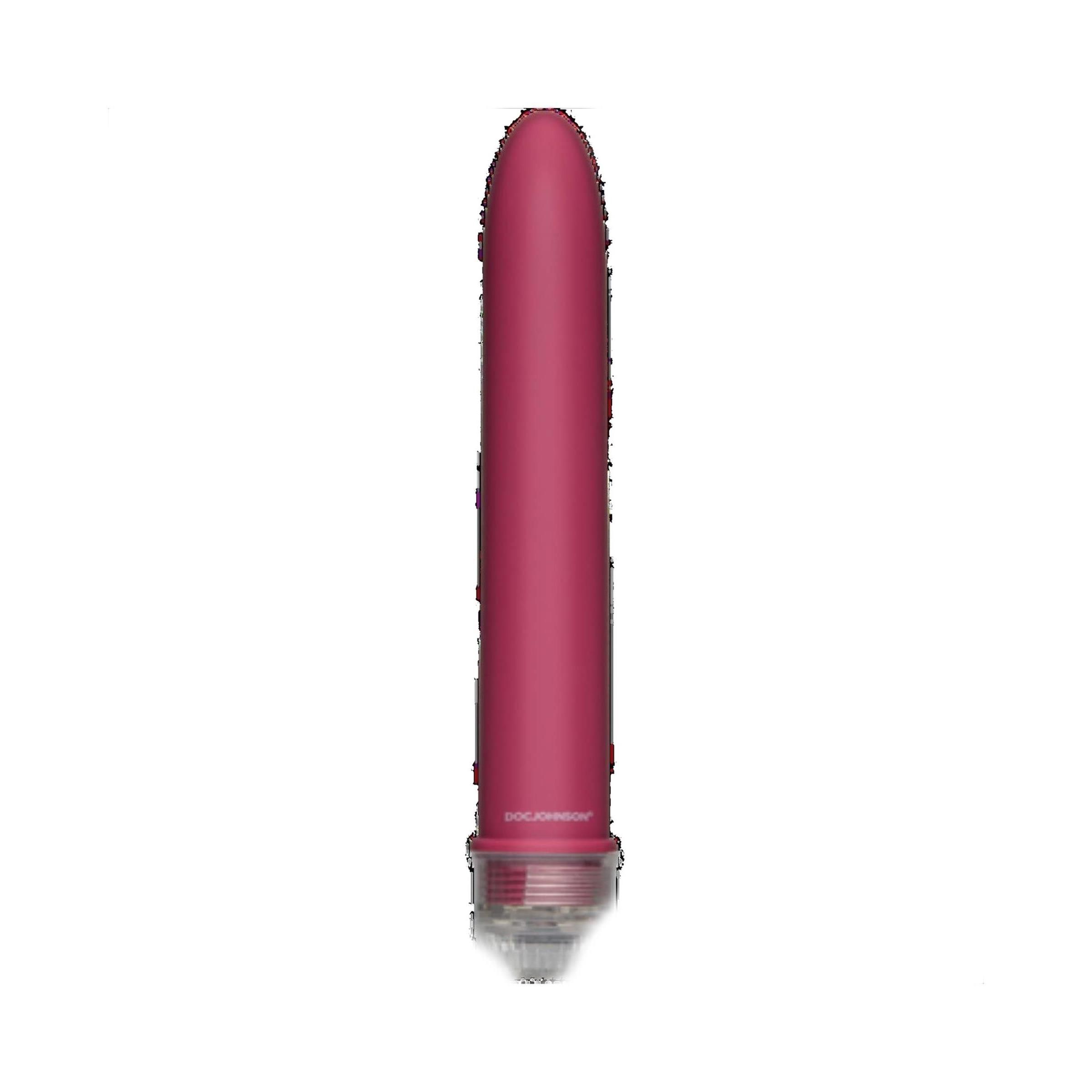 Rosa Vibrator mit abgerundeter Spitze und transparentem Sockel. Marke Doc Johnson.