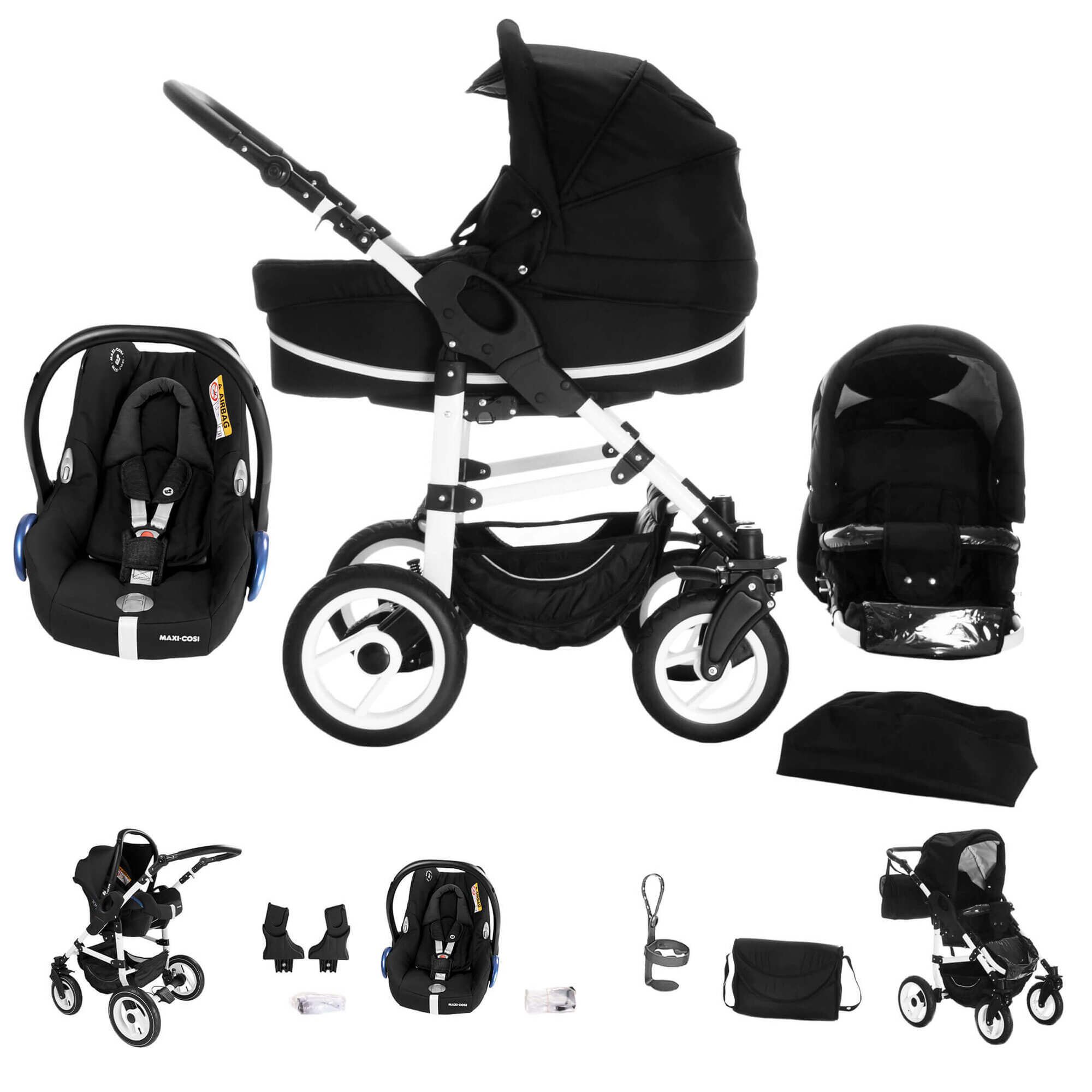Kinderwagen-Set mit Maxi Cosi. Schwarz mit weißen Akzenten. Enthält Babywanne, Sportsitz, Autositz und Zubehör.