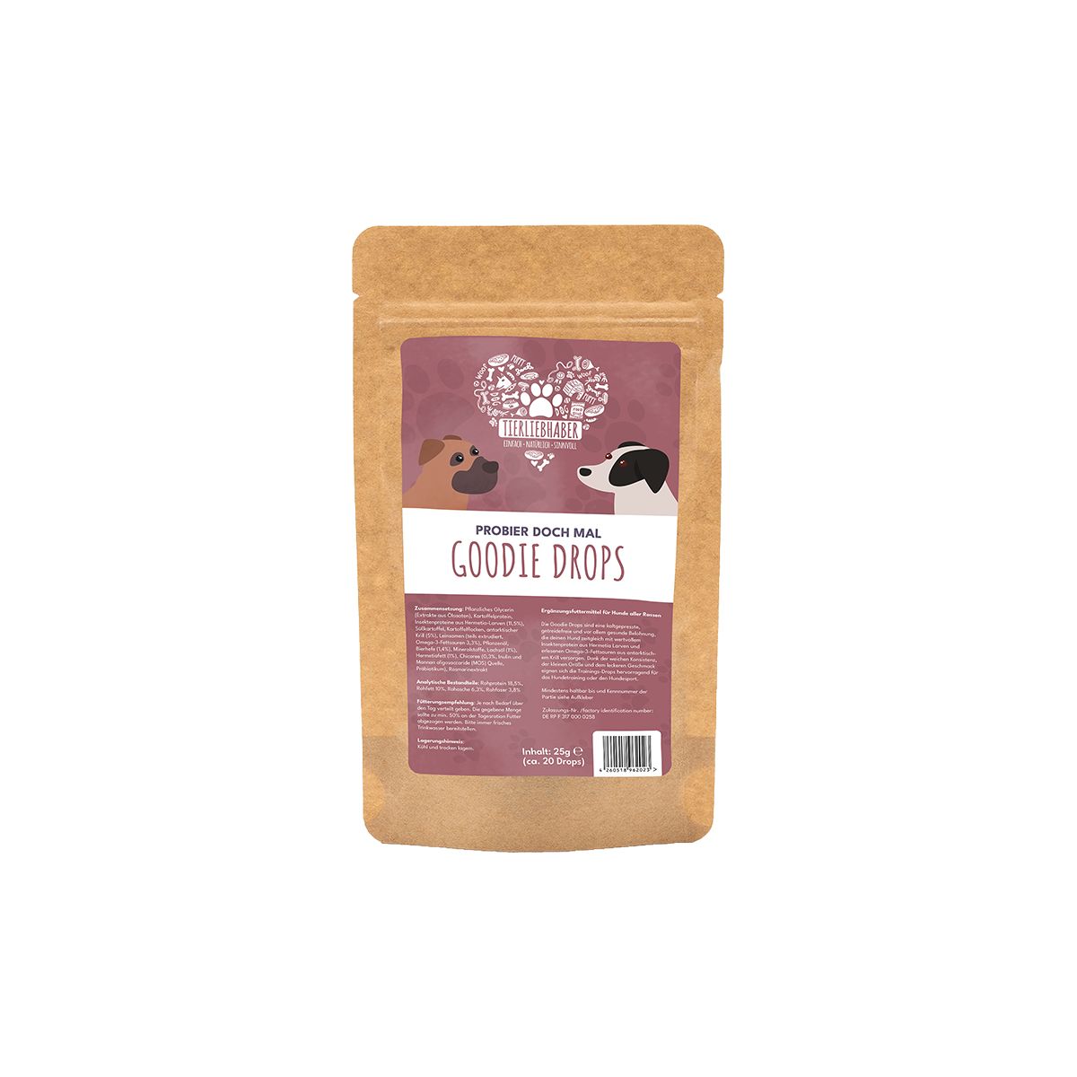 Beutel mit "Goodie Drops"-Aufdruck. Logo mit Hunden. Braune Verpackung, weißer Hintergrund. Text in Deutsch.