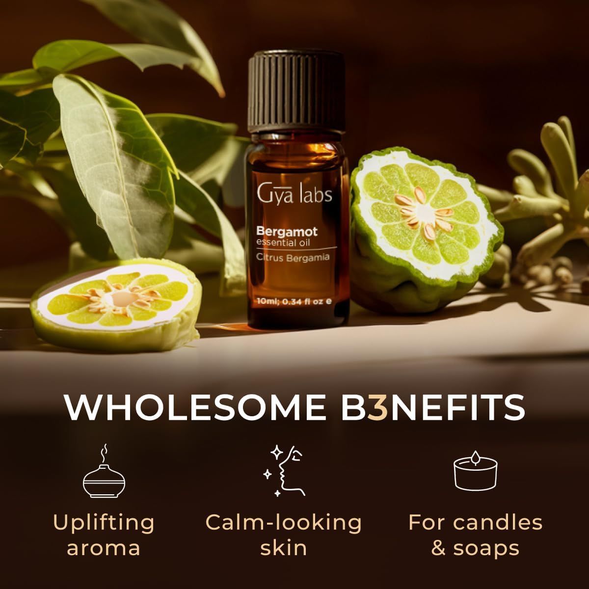 Gya Labs Bergamotte Öl-Fläschchen. Bergamotte-Früchte. Text: "WHOLESOME BENEFITS". Logos: Duft, Haut, Kerze.