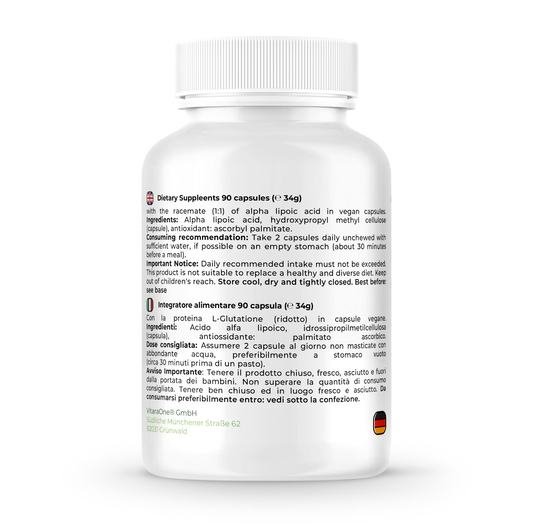 Rückseite der weißen Flasche. Enthält Informationen zu Inhaltsstoffen und Dosierung. 90 Kapseln. Mit englischem und italienischem Text.
