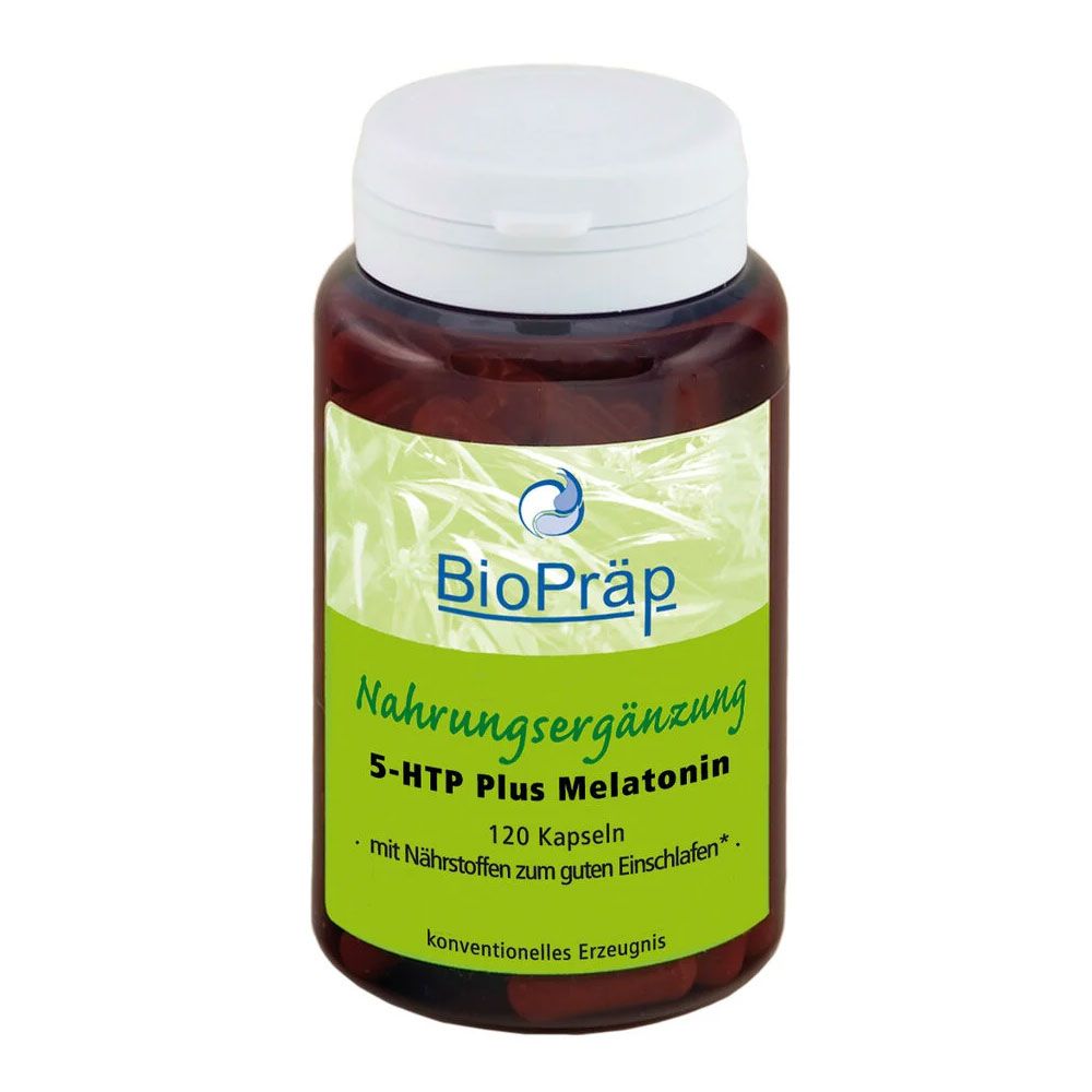 Braune Flasche mit weißem Deckel. Aufkleber mit "BioPräp", "Nahrungsergänzung", "5-HTP Plus Melatonin", 120 Kapseln.