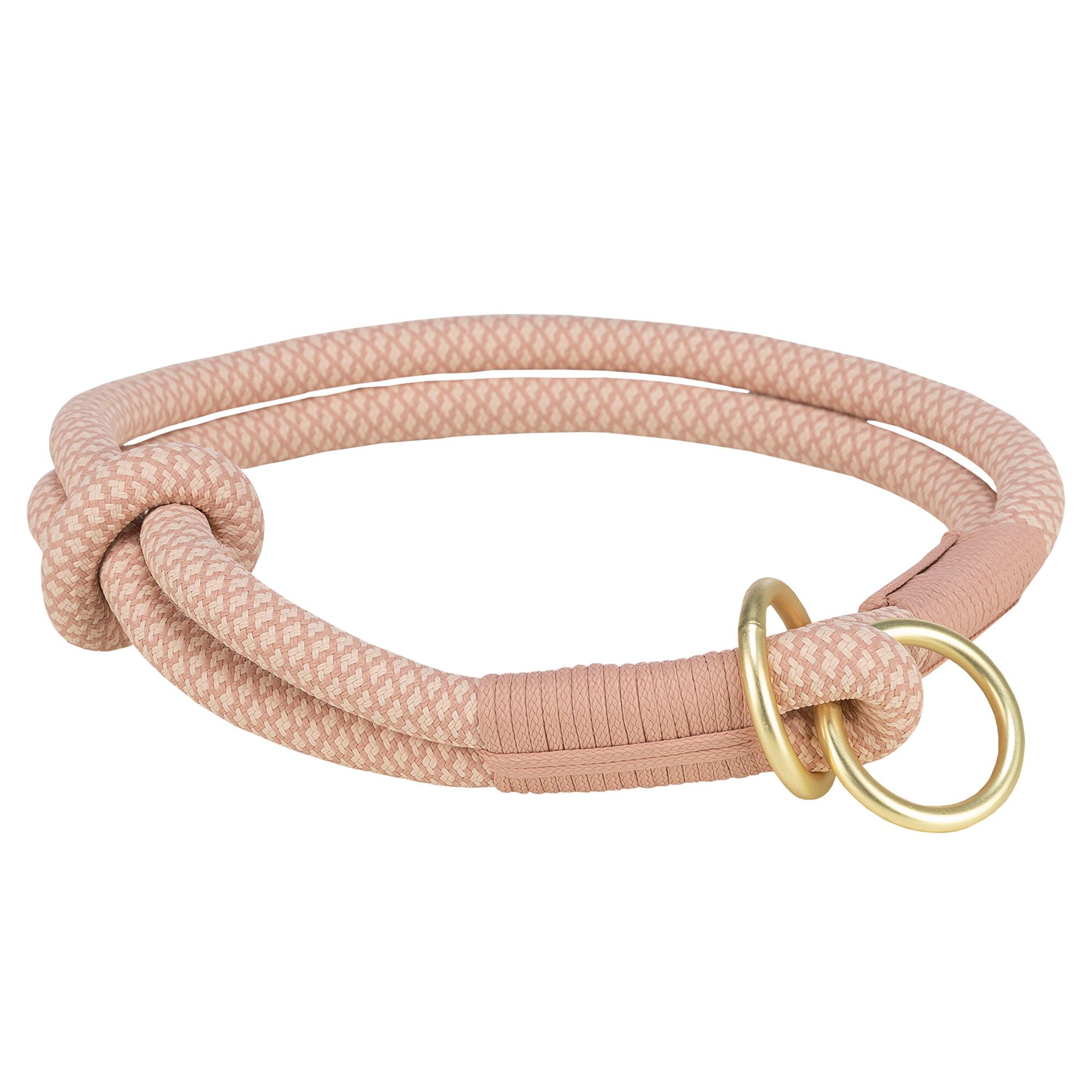 Hundehalsband aus Seil, rosa. Mit Zugbegrenzung, goldfarbenem Ring und Knoten. Hellrosa und beige Musterung.