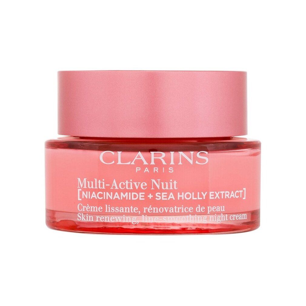 Rosa Tiegel mit Deckel. Text: Clarins Multi-Active Nuit [Niacinamid + Meerfenchel-Extrakt]. Creme für die Nacht.