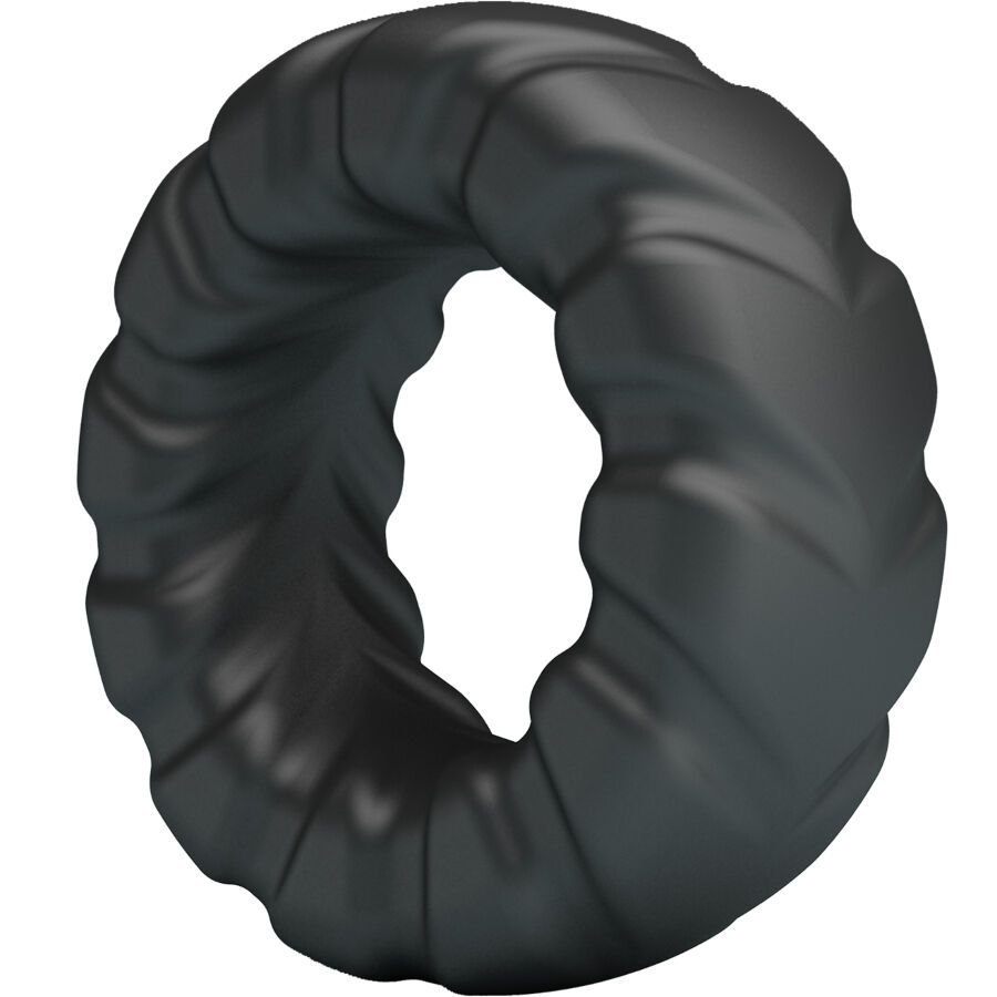 Schwarzer Ring mit gerillter Oberfläche und flexibler Form.