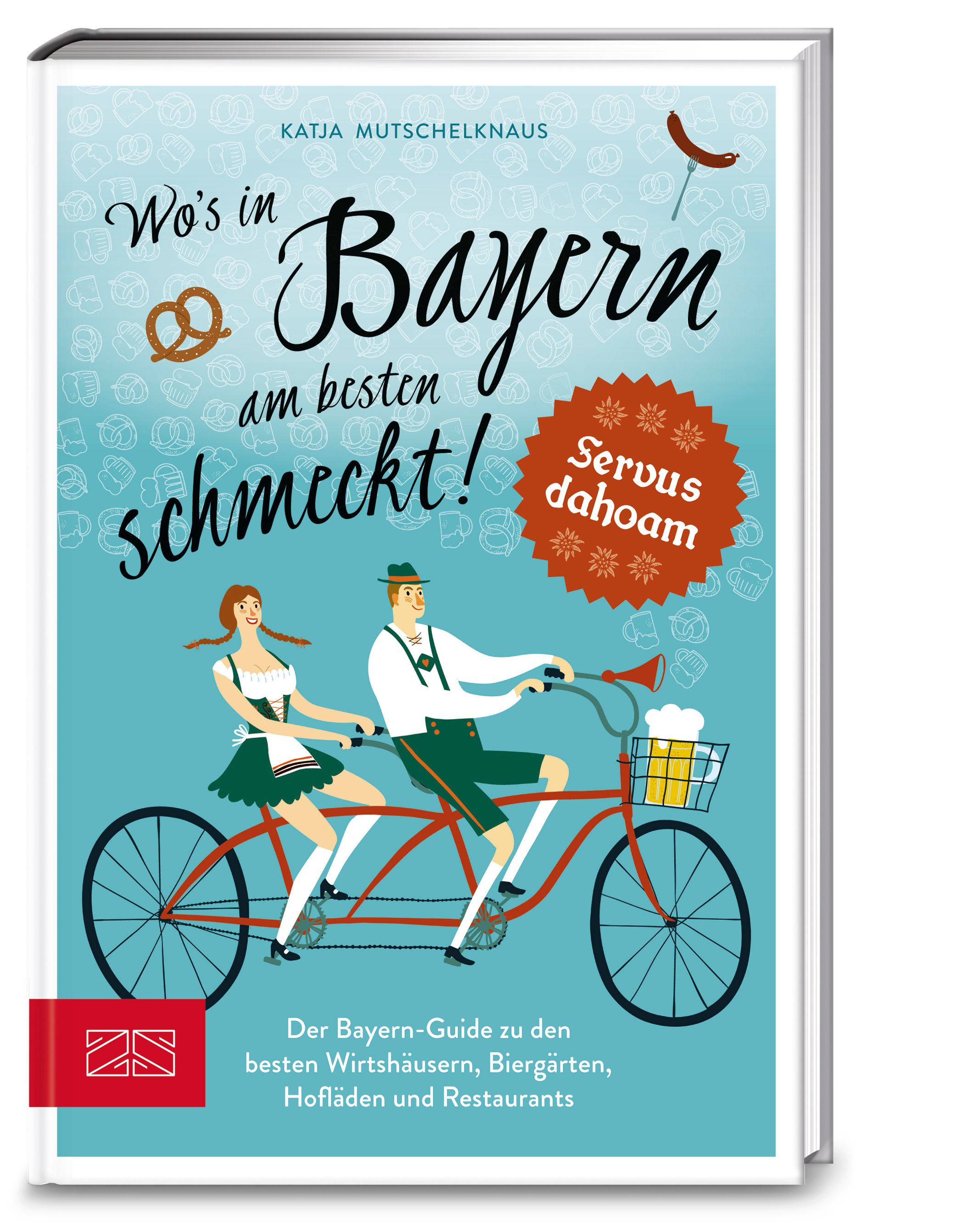 Buchcover mit Titel "Wo's in Bayern am besten schmeckt!". Illustration: Tandem, Brezeln, Würstchen. Text: "Der Bayern-Guide zu den besten..."