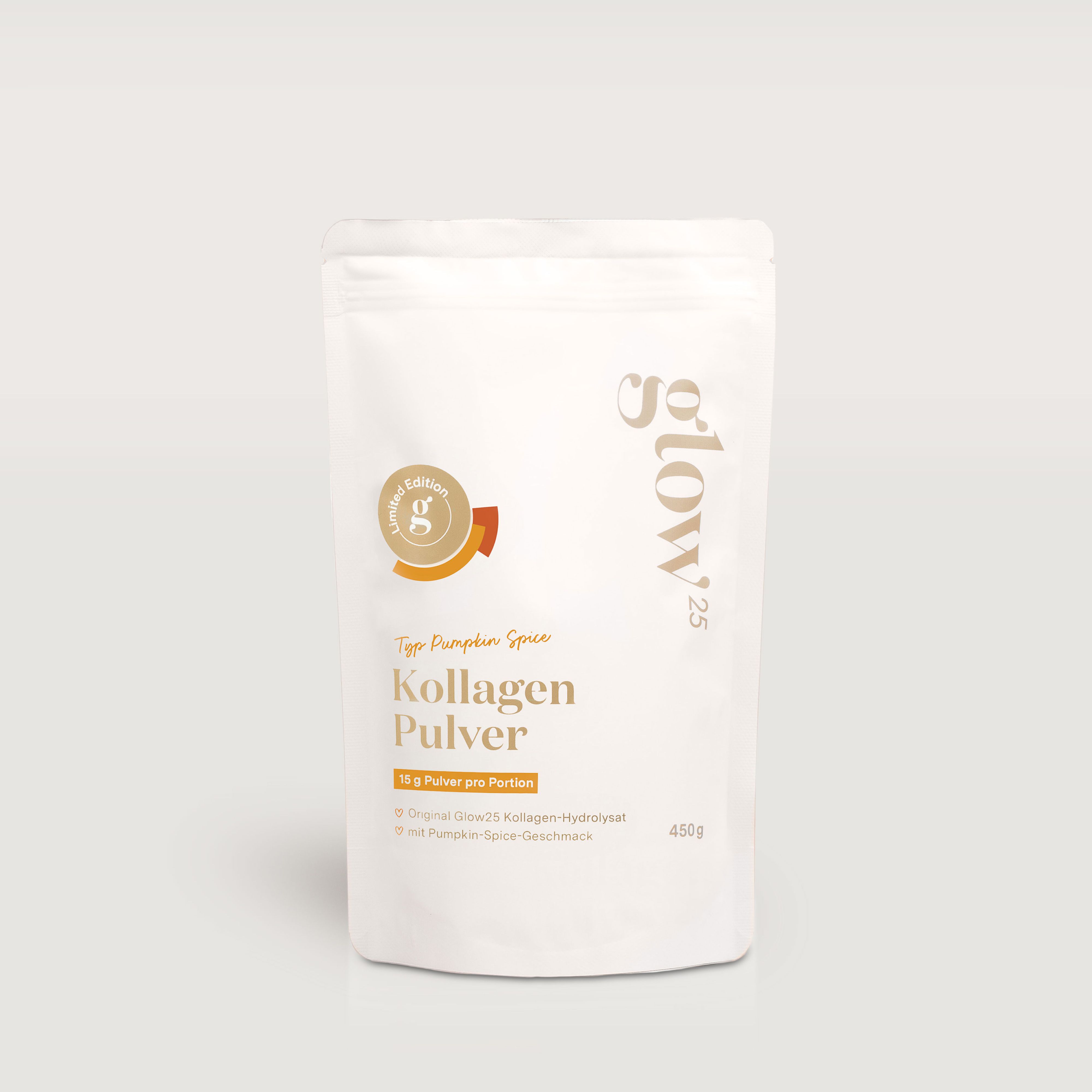 Weiße Tüte Kollagen Pulver, Pumpkin Spice. Logo Glow25, Limited Edition. 450g. Aufschrift: 15g Pulver pro Portion.