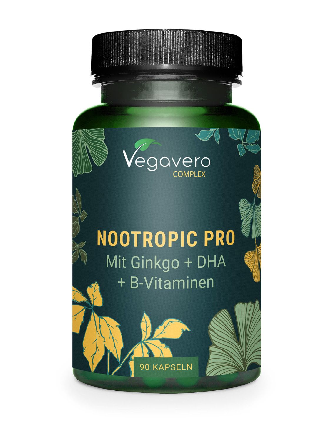Grüne Flasche mit schwarzen Deckel. Aufschrift: Vegavero COMPLEX, NOOTROPIC PRO, Mit Ginkgo + DHA + B-Vitaminen, 90 Kapseln.