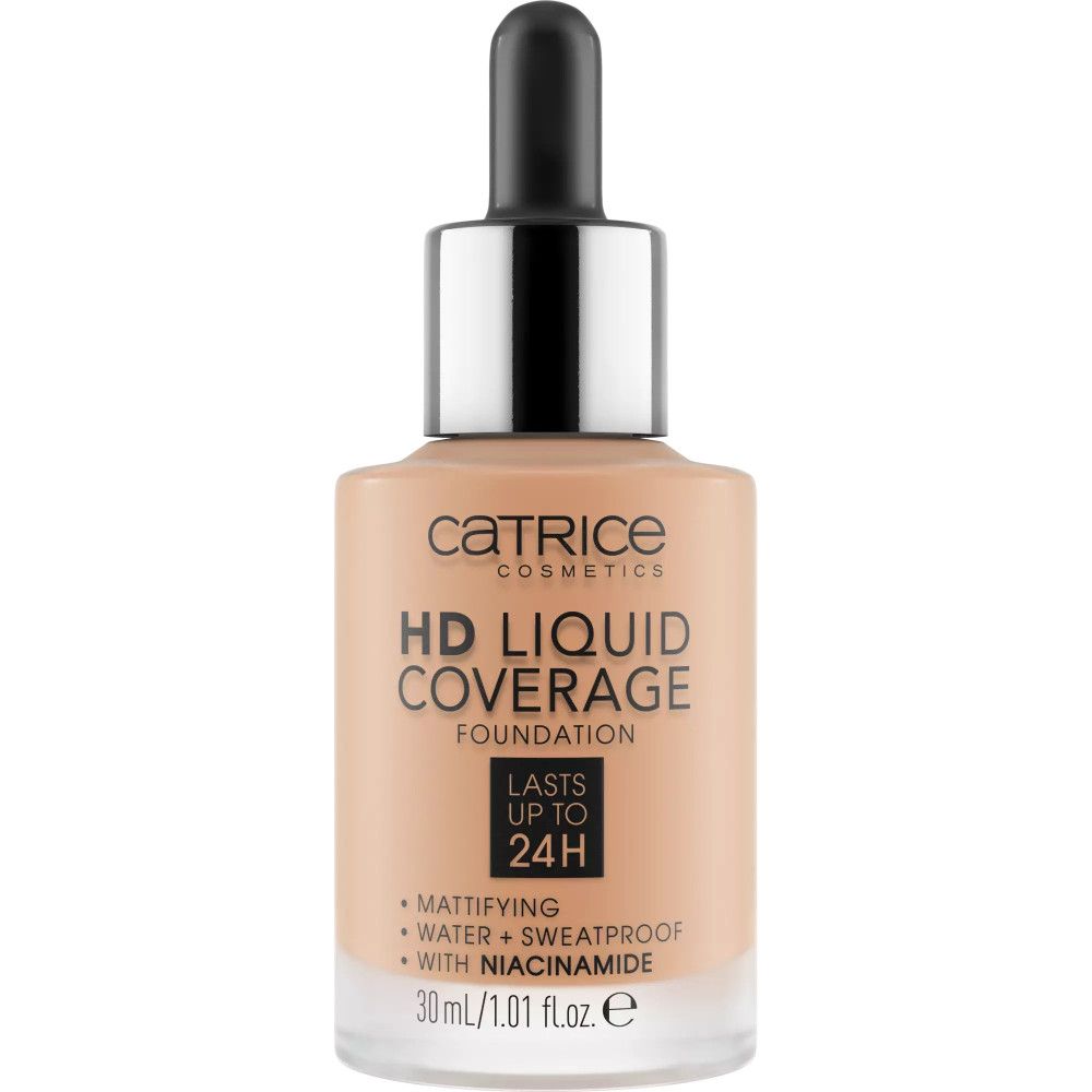 Catrice HD Liquid Coverage Foundation. Flasche mit Pipette. Text: Mattierend, wasserfest, schweißfest, mit Niacinamid. 30ml.