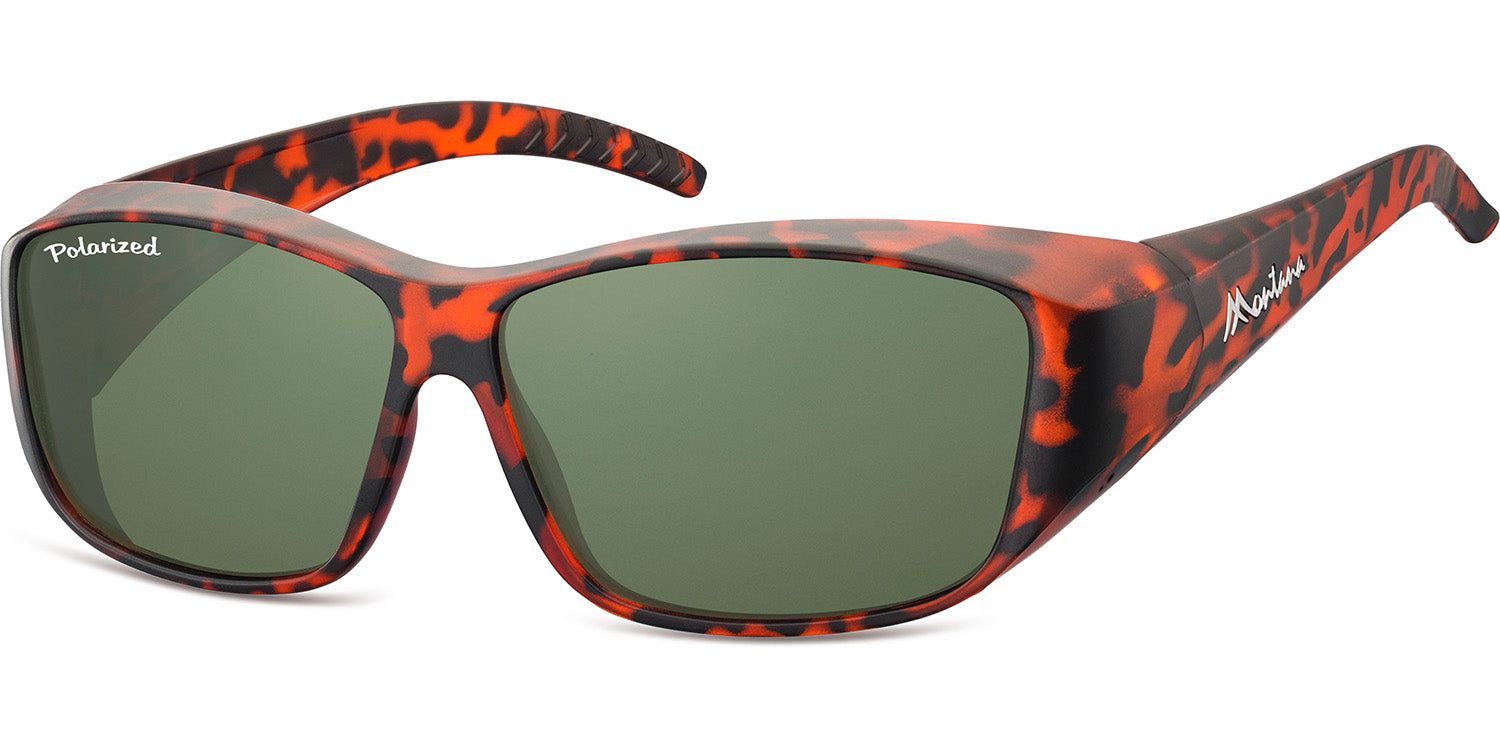 Sonnen-Überbrille mit braunem Schildpattmuster. Grüne Gläser, "Polarized" und "Montana" Schriftzug.