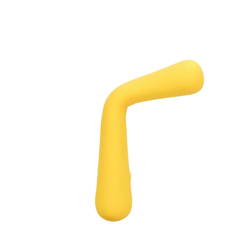 Gelbes, flexibles Massagegerät. Gebogene Form mit abgerundeten Enden. Ein/Aus-Taste sichtbar.