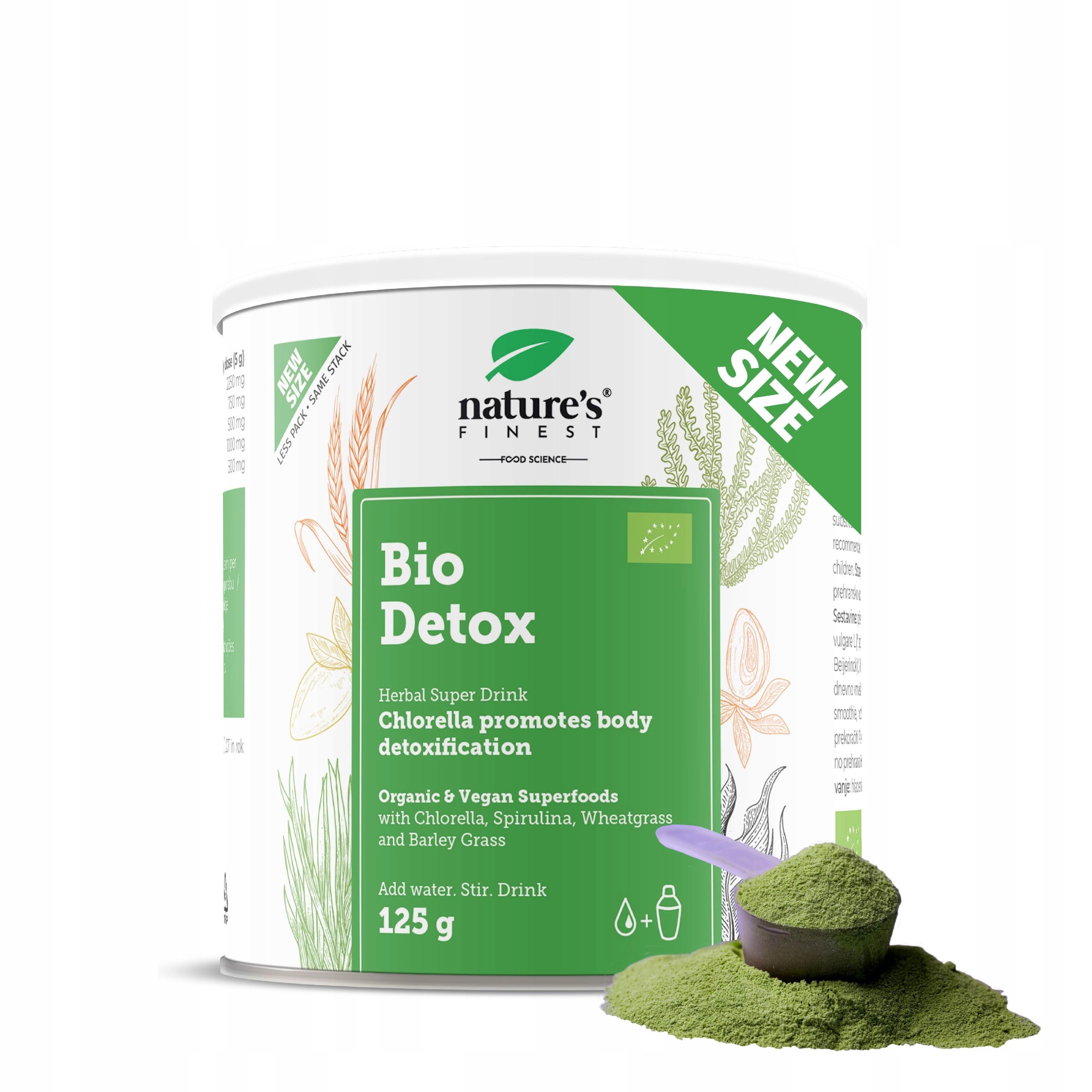 Dose Nature's Finest Bio DETOX Mix, 125g, mit grünem Pulver und Löffel.
