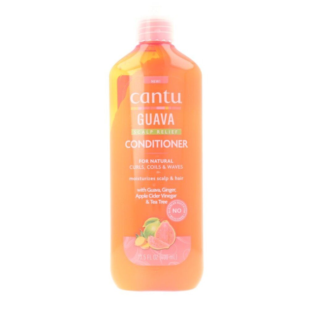Orangefarbene Flasche mit Cantu Guava Conditioner-Etikett. Enthält Guave, Ingwer, Apfelessig und Teebaumöl. Für Locken, Wellen.