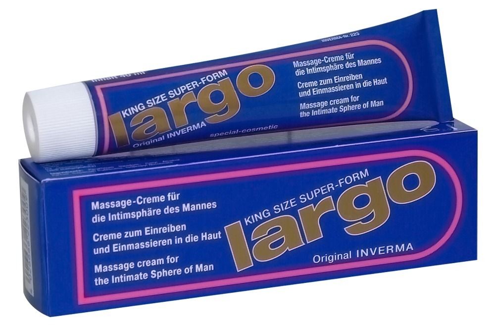 Blaue Schachtel und Tube. Aufschrift "Largo" und "Massage-Creme". Marke: Inverma. Tube: 40 ml.