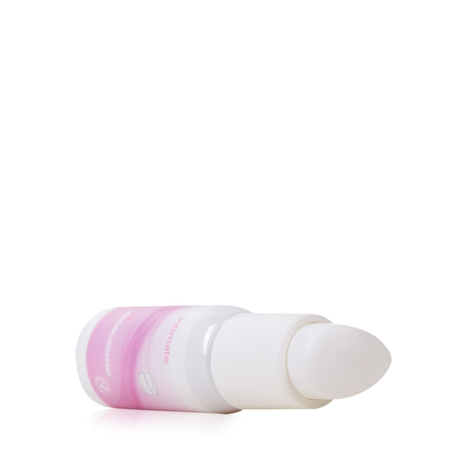 Produktflasche mit Pumpkopf. Aufschrift: Intimate, Gel sensibilisierendes. Rosa Design. Liegend.