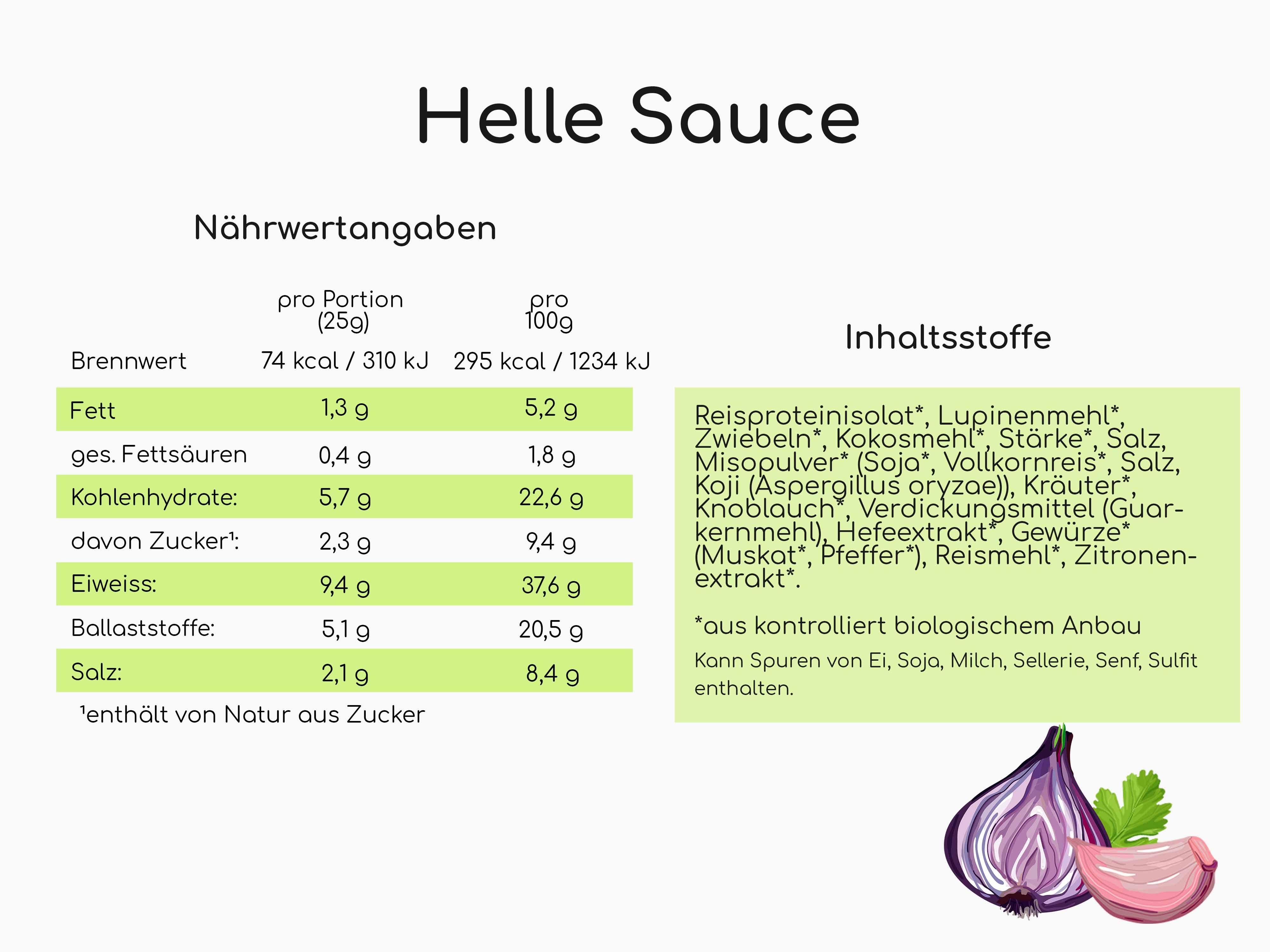 Nährwertangaben und Zutatenliste für helle Sauce. Enthält Reisproteinisolat, Lupinenmehl, Kokosmehl, etc. Bio-Zertifizierung.