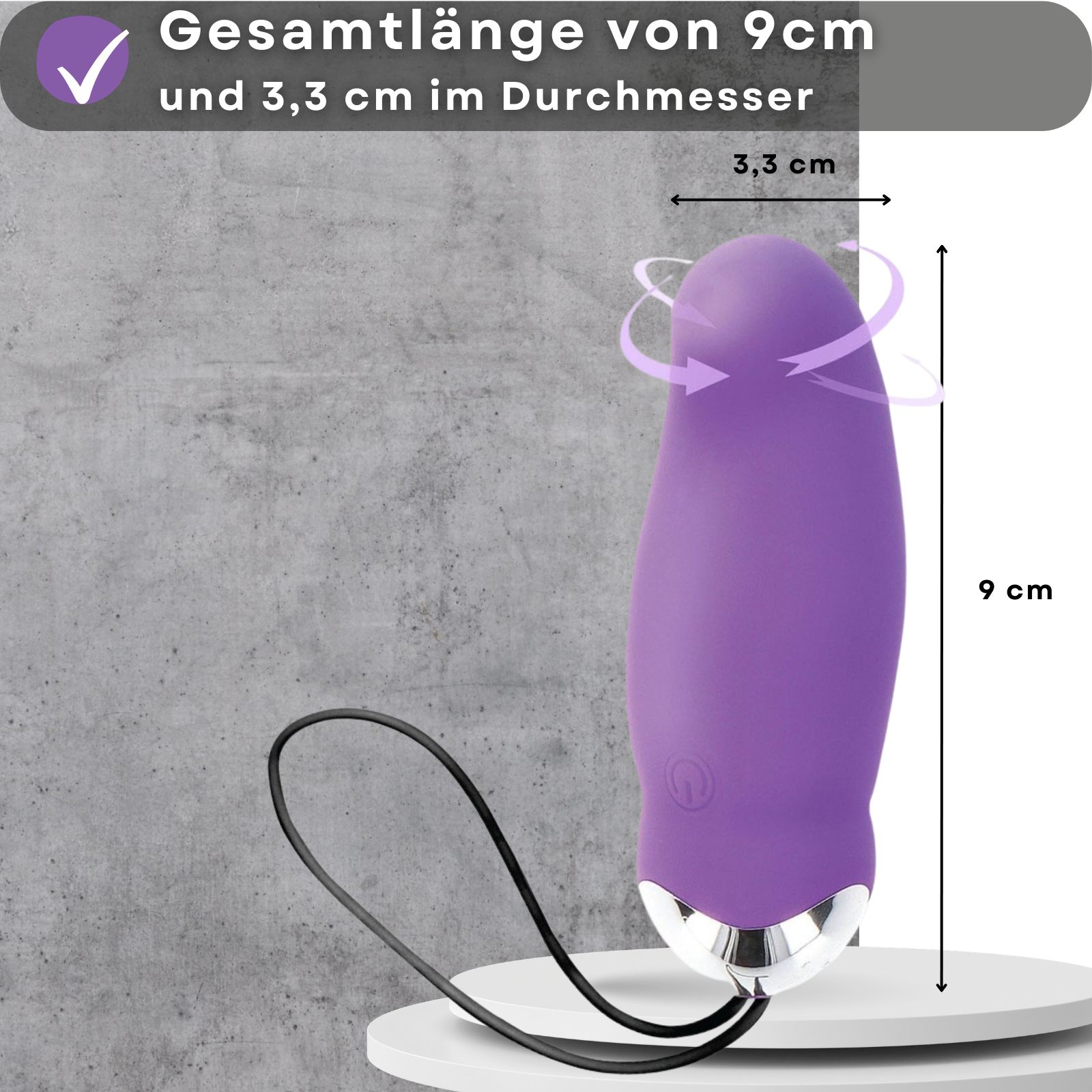 Lila Vibrator. 9 cm lang, 3,3 cm Durchmesser. Aus Silikon und ABS. 8 Vibrationsmodi.
