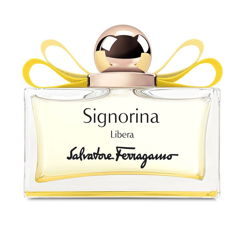 Rechteckige Glasflasche mit gelbem Band und goldenem Verschluss. Enthält "Signorina Libera Salvatore Ferragamo".