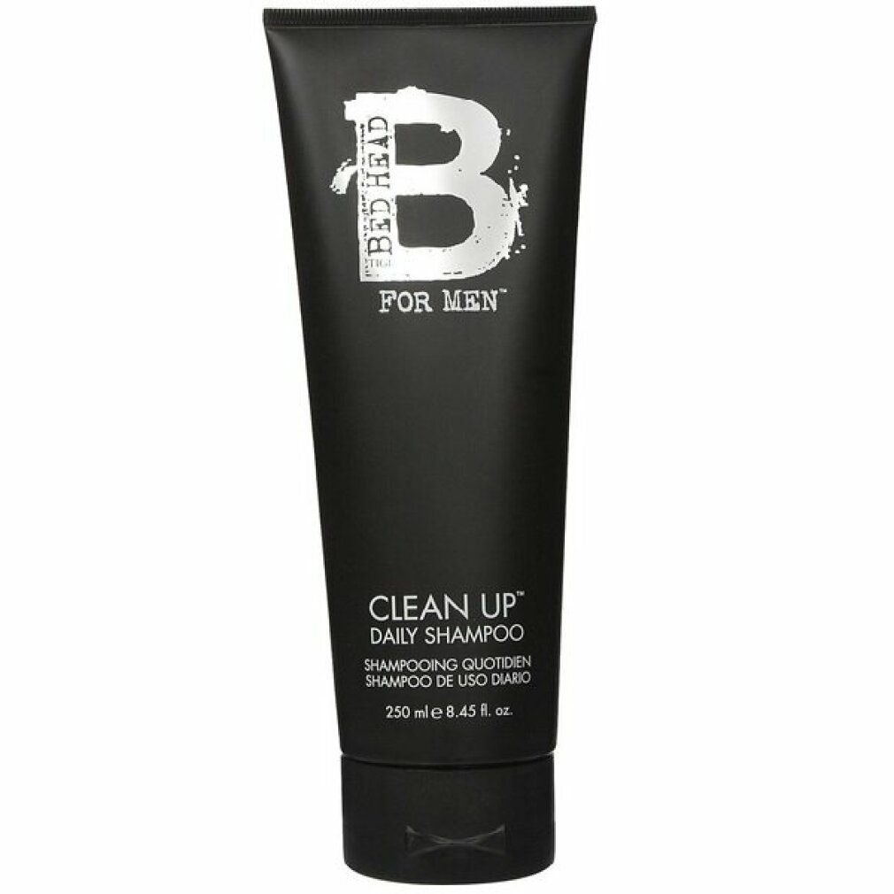 Schwarze Tube mit weißem "B"-Logo und Schriftzug "BED HEAD FOR MEN". Text: "CLEAN UP DAILY SHAMPOO".