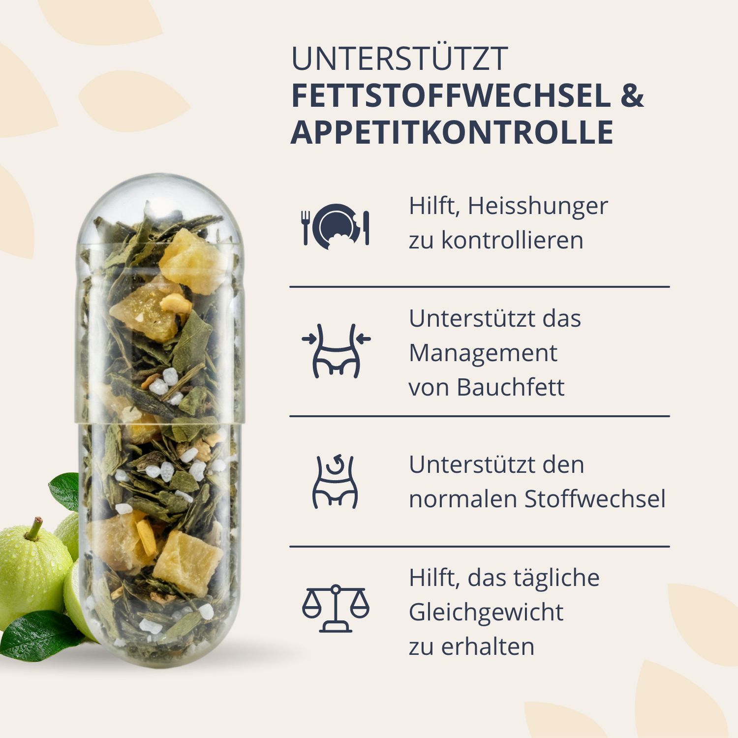 Transparente Kapsel mit Inhaltsstoffen, die den Stoffwechsel und die Appetitkontrolle unterstützen.