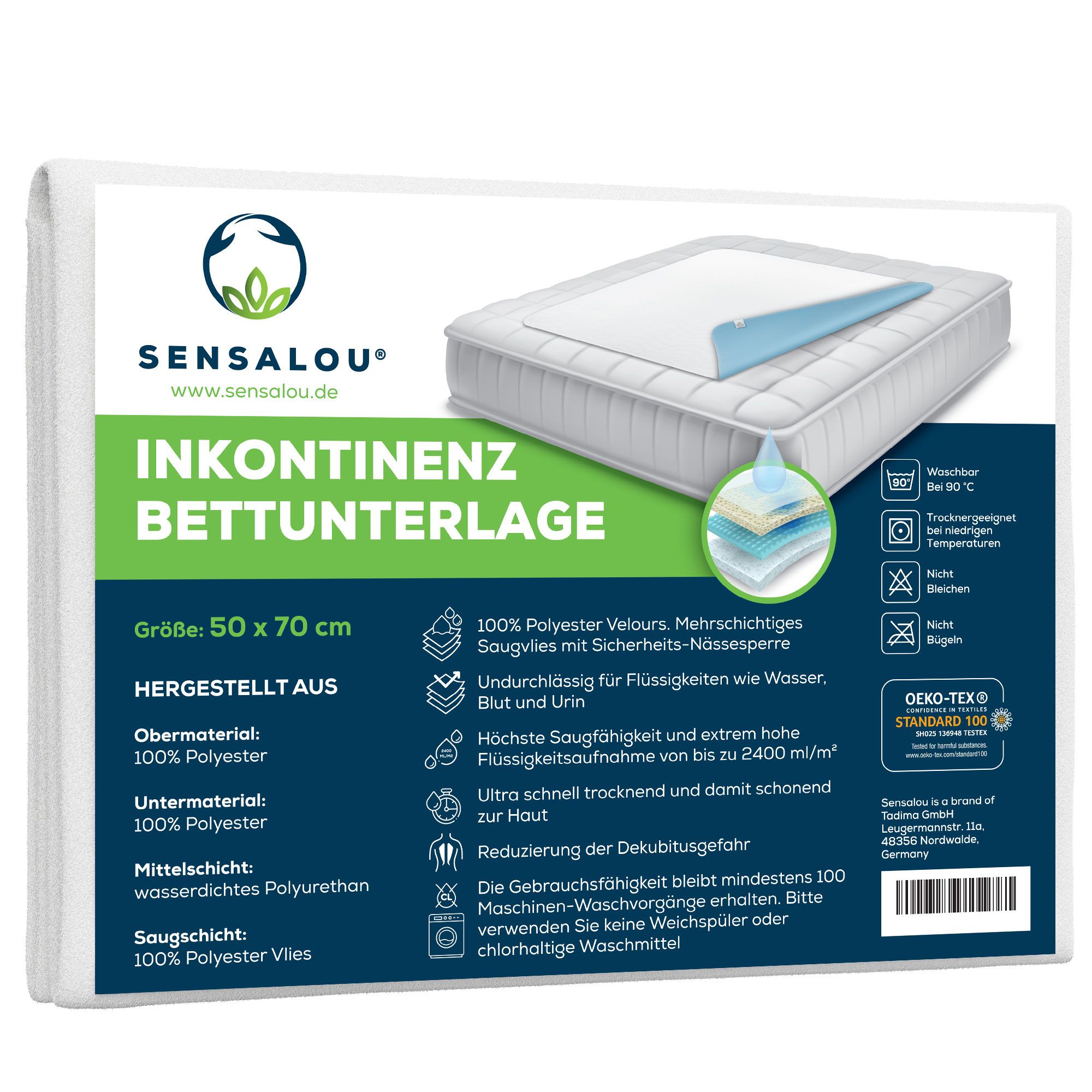 Verpakking van de incontinentie onderlegger. Productinformatie, logo's en certificeringen.
