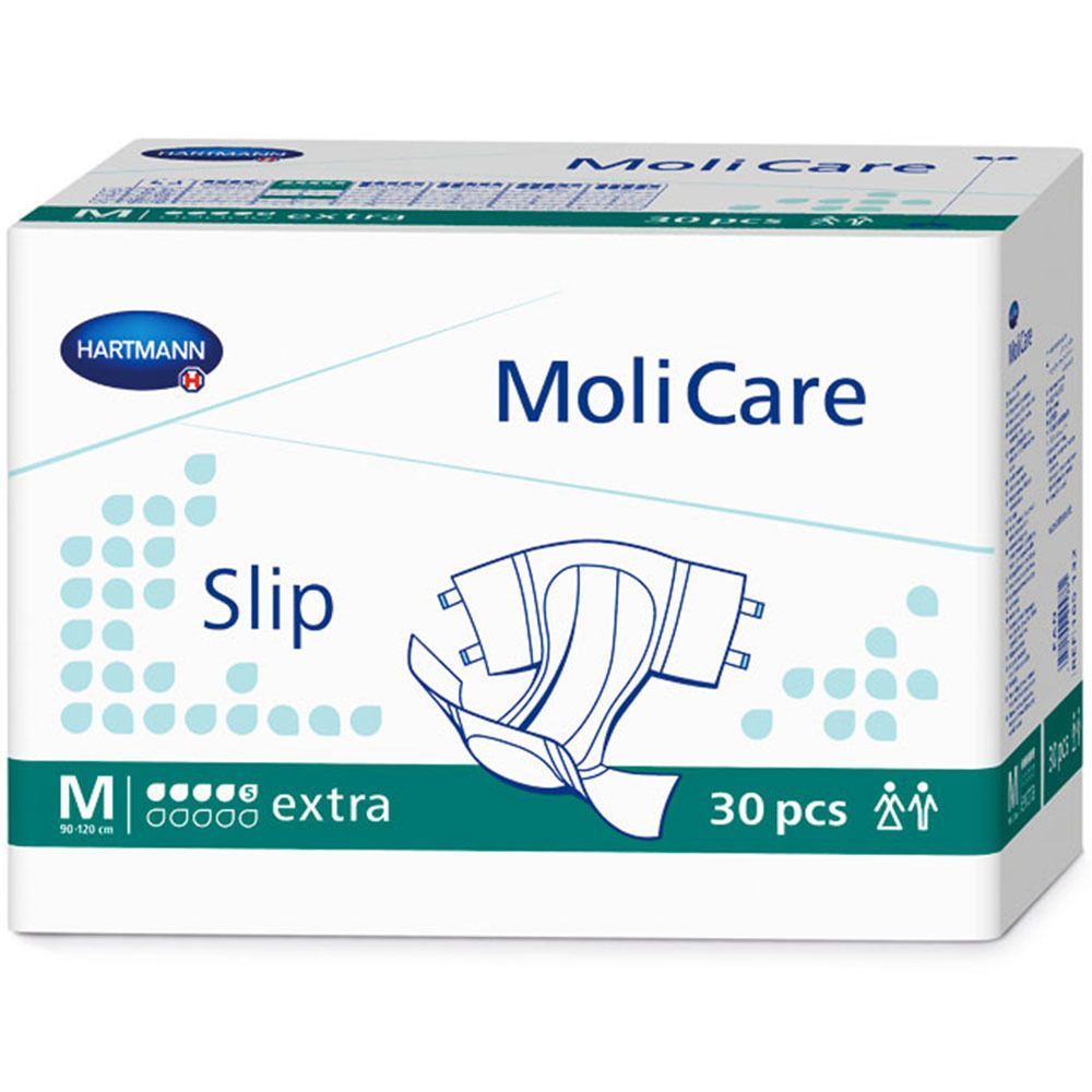 Verpackung MoliCare Slip Extra Gr. M. Enthält 30 Stück. Hartmann Logo. Produktabbildung.