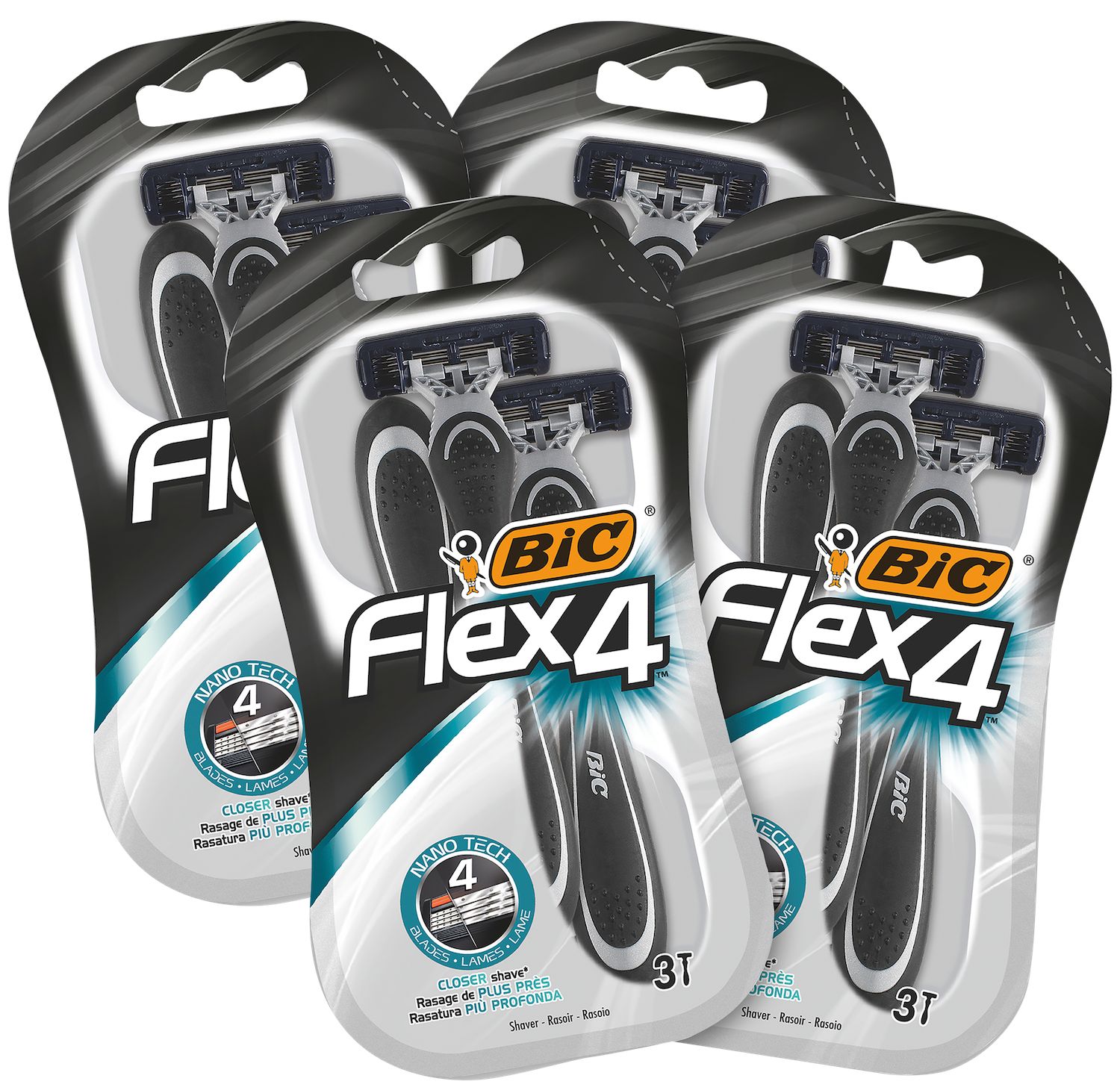 Mehrere Packungen Rasierer. Schwarze und graue Verpackung mit Rasierern. Aufschrift "BIC Flex 4".