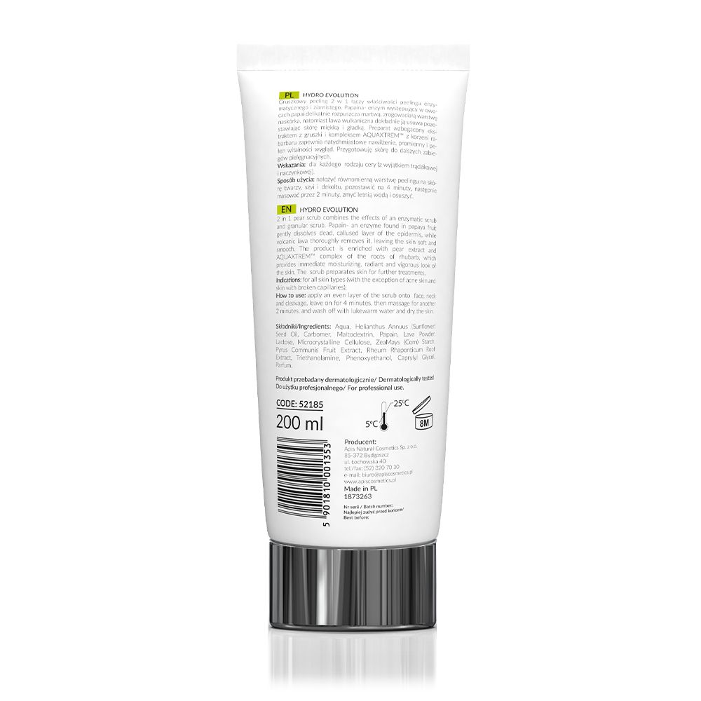 Rückseite der Tube APIS HYDRO EVOLUTION. Text in mehreren Sprachen. Barcode, 200 ml, Symbole für Temperatur.