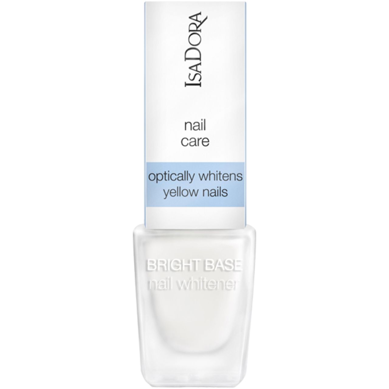 Nagelpflege-Produkt. Weiße Flasche mit weißem Inhalt. Aufschrift: IsaDora, Bright Base nail whitener. Optisch hellt gelbe Nägel auf.