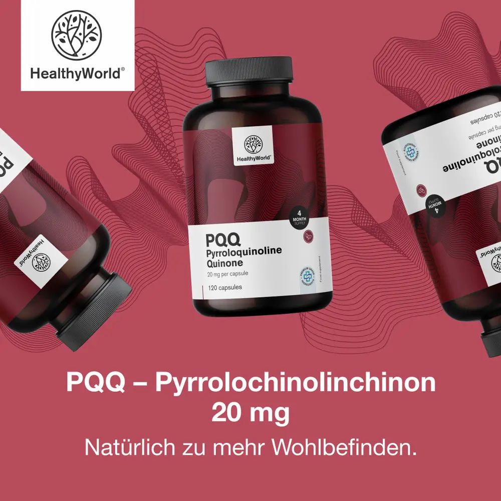 Mehrere Flaschen mit Kapseln. Text: PQQ Pyrrolochinolinchinon 20 mg, 120 Kapseln. Marke: HealthyWorld. Text: Natürlich zu mehr Wohlbefinden.