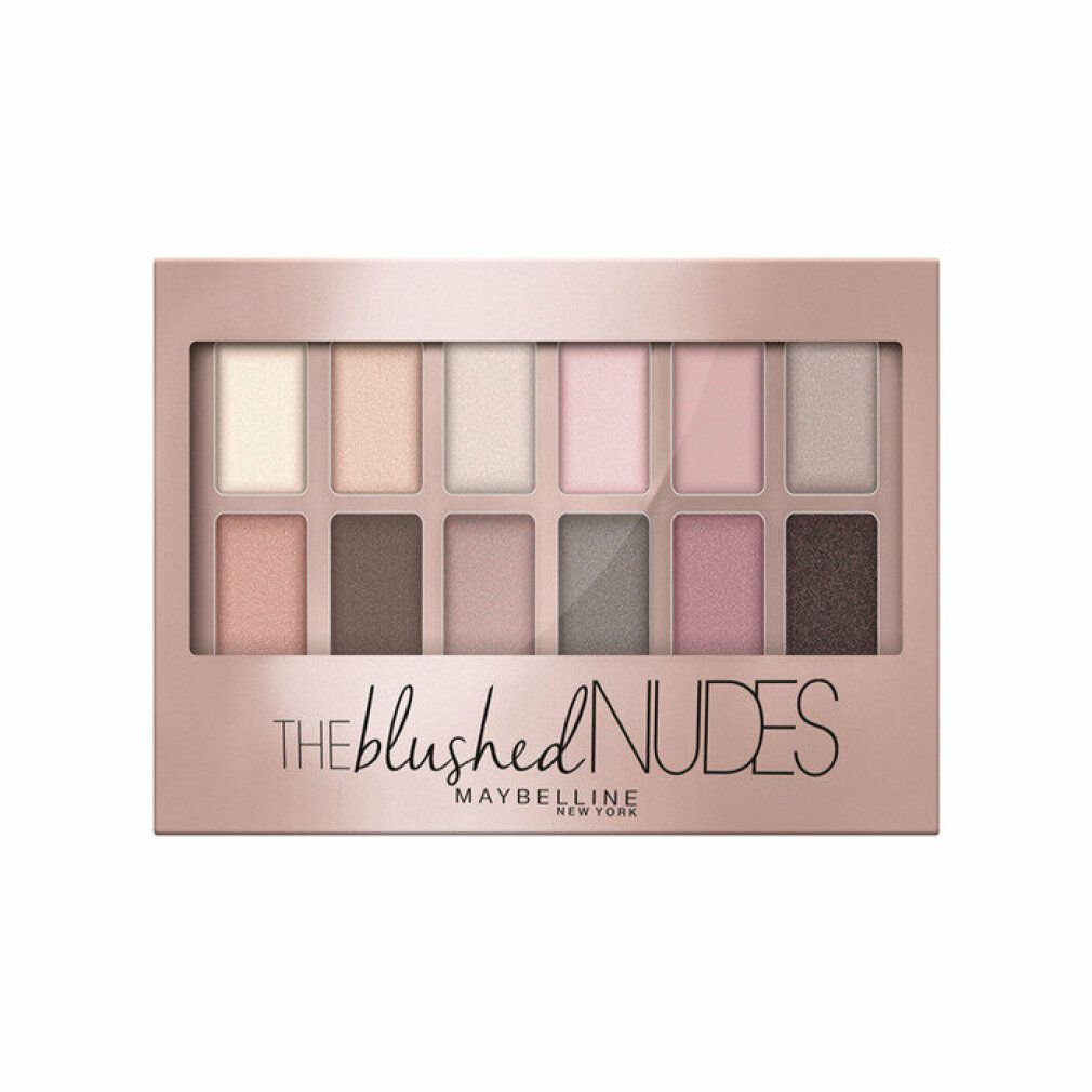 Lidschatten-Palette mit 12 Farbtönen. Rosa-goldene Verpackung. Aufschrift: THE blushed NUDES, MAYBELLINE NEW YORK.