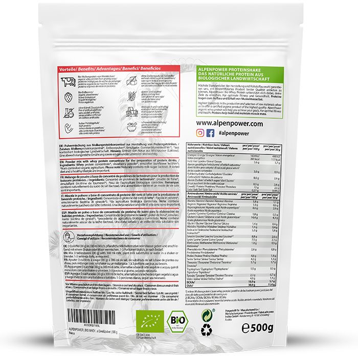 Rückseite der AlpenPower Bio Whey Protein-Verpackung. Enthält Nährwertangaben, Bio-Siegel und Text in mehreren Sprachen.