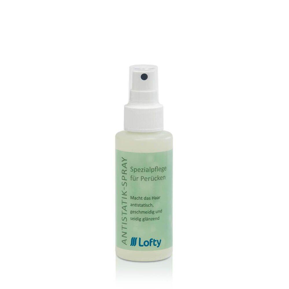 Antistatik-Spray von Lofty. Flasche mit Sprühkopf. Aufschrift: Spezialpflege für Perücken. Macht das Haar antistatisch, geschmeidig und seidig glänzend.
