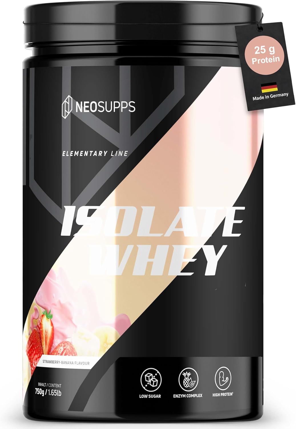 Schwarze Dose "ISOLATE WHEY" mit 25g Protein. Aufschrift: Erdbeer-Banane. Hergestellt in Deutschland.